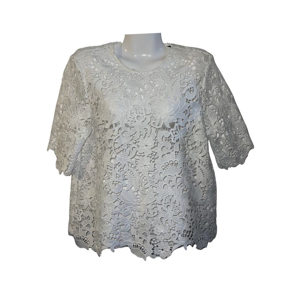 Zara White Floral Lace Crochet Short Sleeve Blouse SZ XS Boho Romantic Chic